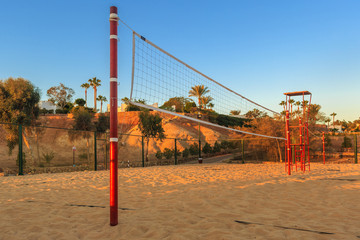 Fototapeta na wymiar Volleyball net in the morning on beach, Egypt