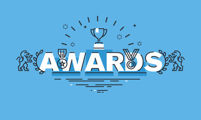 Thin line design concept for awards website banner. Vector illustration concept for information about awards for the business success, sports achievements, quality of products, charity work, science.