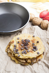 Stack of Homemade Chocolate Pancakes for Breakfast with Strawber