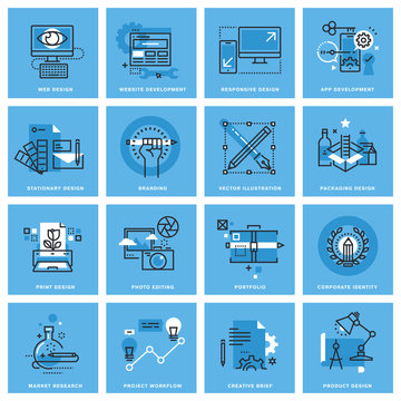Set of thin line concept icons of different categories of graphic design, website and app design and development, project workflow. Premium quality icons for website, mobile website and app design.