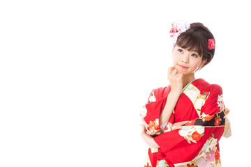 attractive asian woman wearing kimono isolated on white background