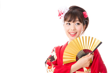 attractive asian woman wearing kimono isolated on white background