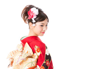 attractive asian woman wearing kimono isolated on white background