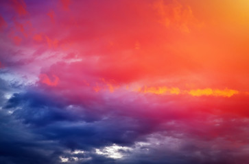 Fiery orange colorful sunset sky. Beautiful sky.