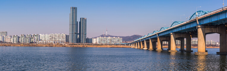 panorama,Seoul Subway and Bridge at Hanriver in Seoul, South kor
