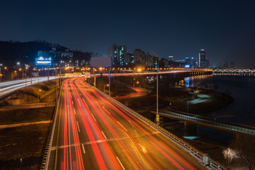 Fototapeta na wymiar Korea,Traffic in Seoul City, Seoul Korea skyline at night