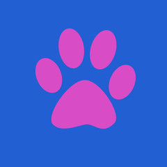 The imprint of dog paw. Web icon, color paw of the animal. Pink paw print pet. Print on a blue background.