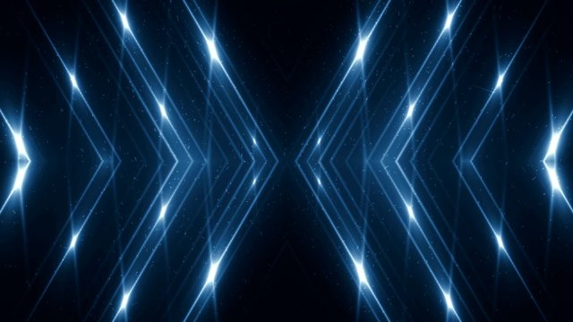 Fractal blue kaleidoscopic background with particles. Disco spectrum lights concert spot bulb.