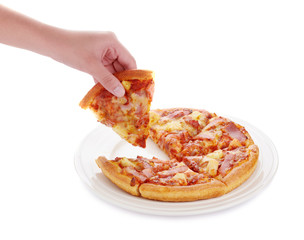 hand holding pizza on the plate isolated on white background