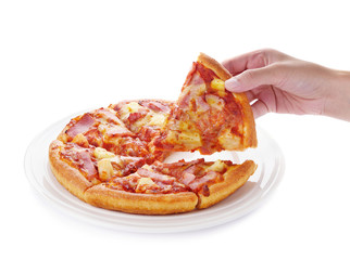 hand holding pizza on the plate isolated on white background