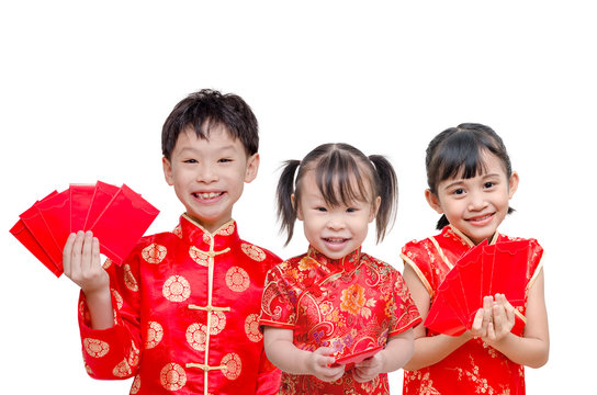 Little Asian Children Holding Red Packet Money Over White