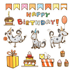 Birthday cartoon set. Cute dogs, gifts, cake, candle, balloon and candy. Vector illustration.