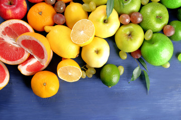 Fruits on dark blue wooden background