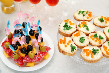 Set of cold snacks and canape, closeup