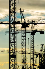 Construction site with cranes at sunset, sunrise, dawn time with the cranes as a silhouette. Vancouver, Canada. Vertical.