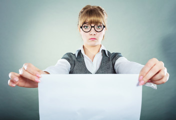 Businesswoman manager holding blank copy space.