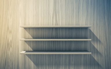 3d isolated Empty shelf for exhibit on wood background