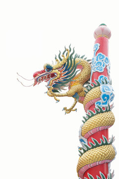 Colorful of Chinese dragon statue on a pole isolated on white ba