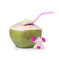 Coconut Water Drink isolated on white background with orchid flower