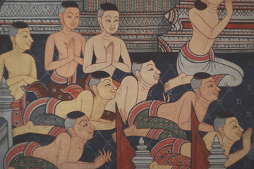 BANGKOK, THAILAND - JULY 28,2014: The wall painting at .Phra Chettuphon Temple or Wat Pho in the Rattanakosin district. It's show the Buddhism culture    .on July 28,2014 in Bangkok.