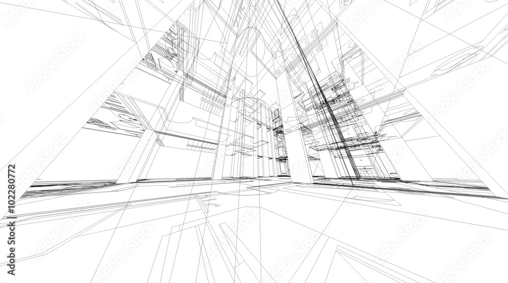 Poster abstract 3d rendering of building wireframe structure.