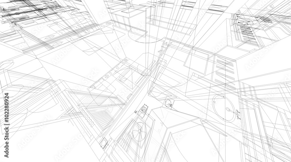 Poster abstract 3d rendering of building wireframe structure.