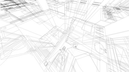 Abstract 3D rendering of building wireframe structure.