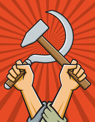 Hammer and Sickle Vector Illustration. Raised fists holding crossed hammer and sickle in the style of Russian Constructivist Propaganda posters.