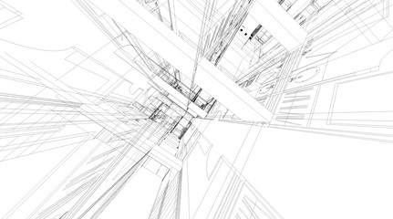 Abstract 3D rendering of building wireframe structure.
