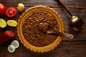 Lentil soup plate Mediterranean recipe aged wood