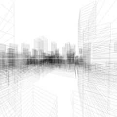 Perspective 3D render of building wireframe.
