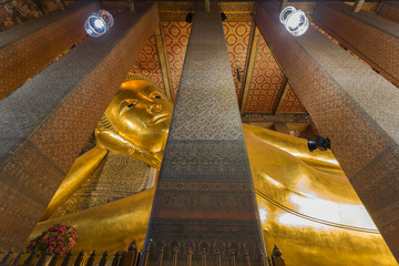 October 11:View of  amazing Reclining Buddha gold statue on October 11, 2015 in Wat Pho buddhist...