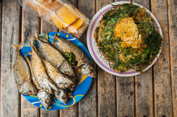 Thai Cuisine, cha-om omelet with fried mackerel