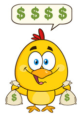 Cute Yellow Chick Character Holding Money Bags And Talking