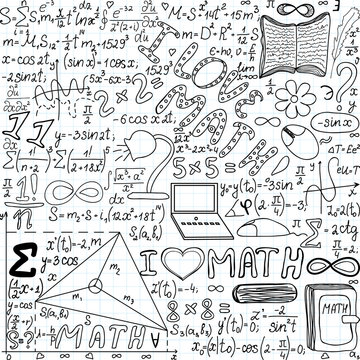 Beautiful vector seamless pattern "I love math", "handwritten on a copybook paper"