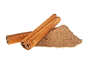 Cinnamon sticks with powder isolated on white background