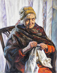 oil portrait of a grandmother who sews - 102287790