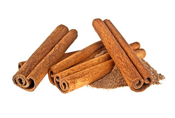 Cinnamon sticks with powder isolated on white background