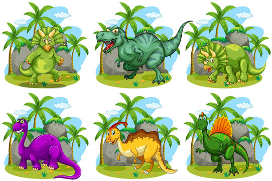 Six dinosaurs in the forest