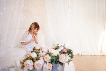 Portrait of beautiful woman model with fresh daily makeup and romantic wavy hairstyle. Place for text on the right