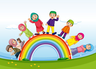Obraz na płótnie Canvas Muslim family standing on rainbow