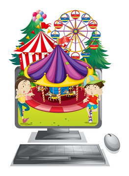 Computer screen with children at carnival