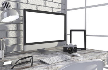 Fototapeta premium 3D illustration PC screen on table in office, Workspace
