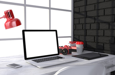 3D illustration laptop and work stuff on table near brick wall, Workspace