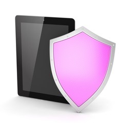 Tablet PC and shield on white device security concept