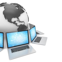 Laptop network around earth globe. 3d render