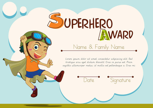 Certificate template with boy being superhero