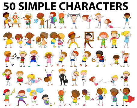 Fifty simple characters doing different activities