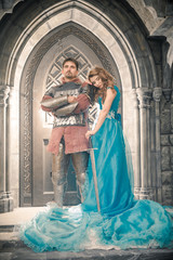 Medieval knight with his beloved lady.
