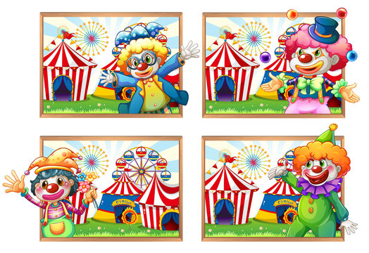 Four photo frame of clowns at the circus